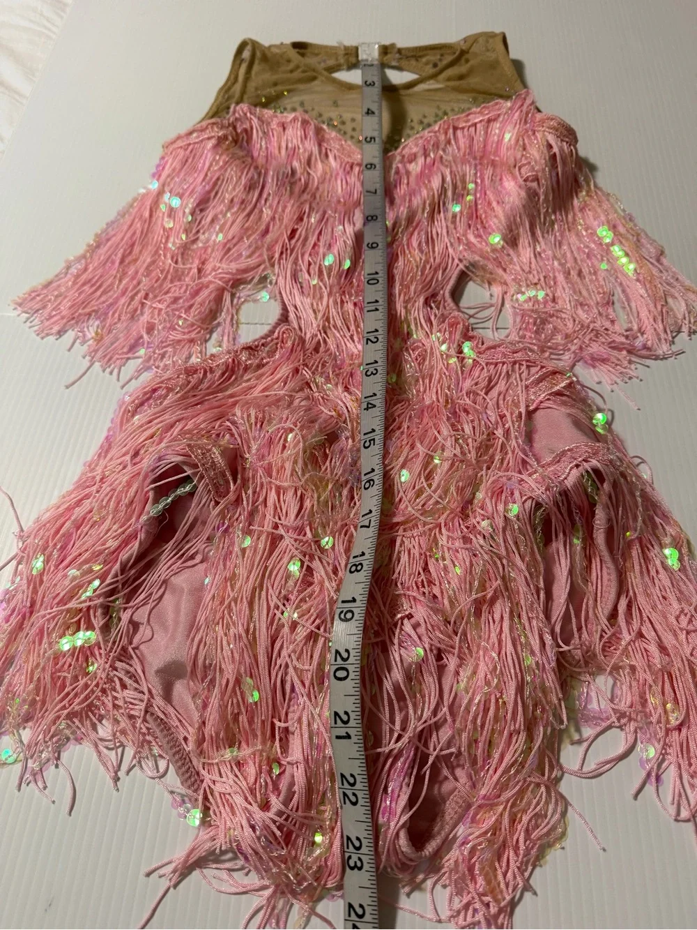 Glamour competition, solo dance costume pink fringe ballroom flapper jazz XSA